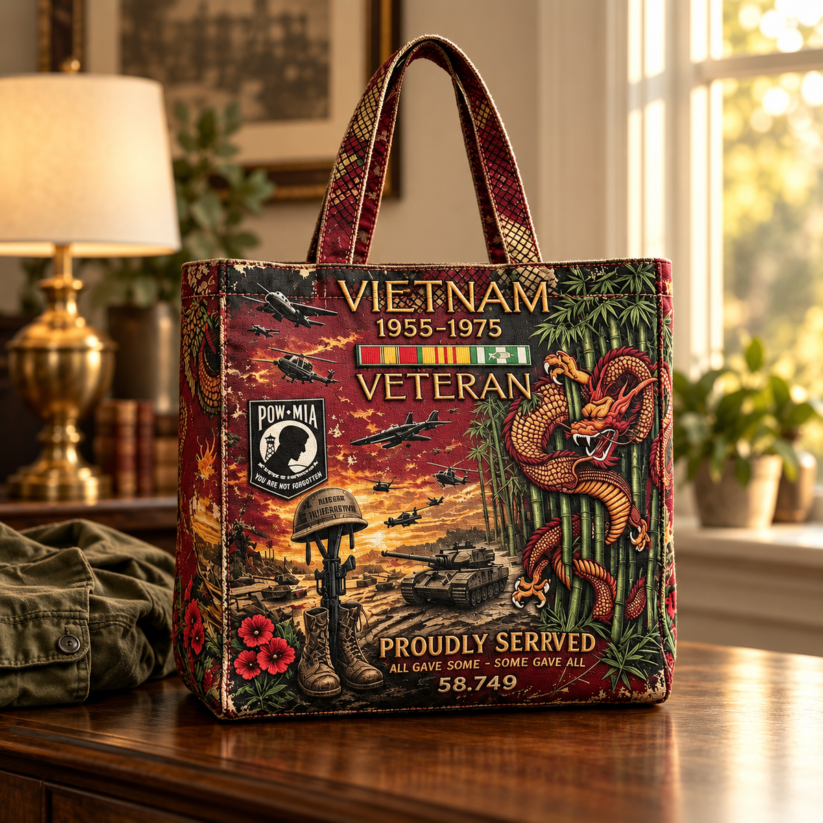 🌹🪖Vietnam Veteran Canvas Tote Bag – Embroidered Tribute Gift