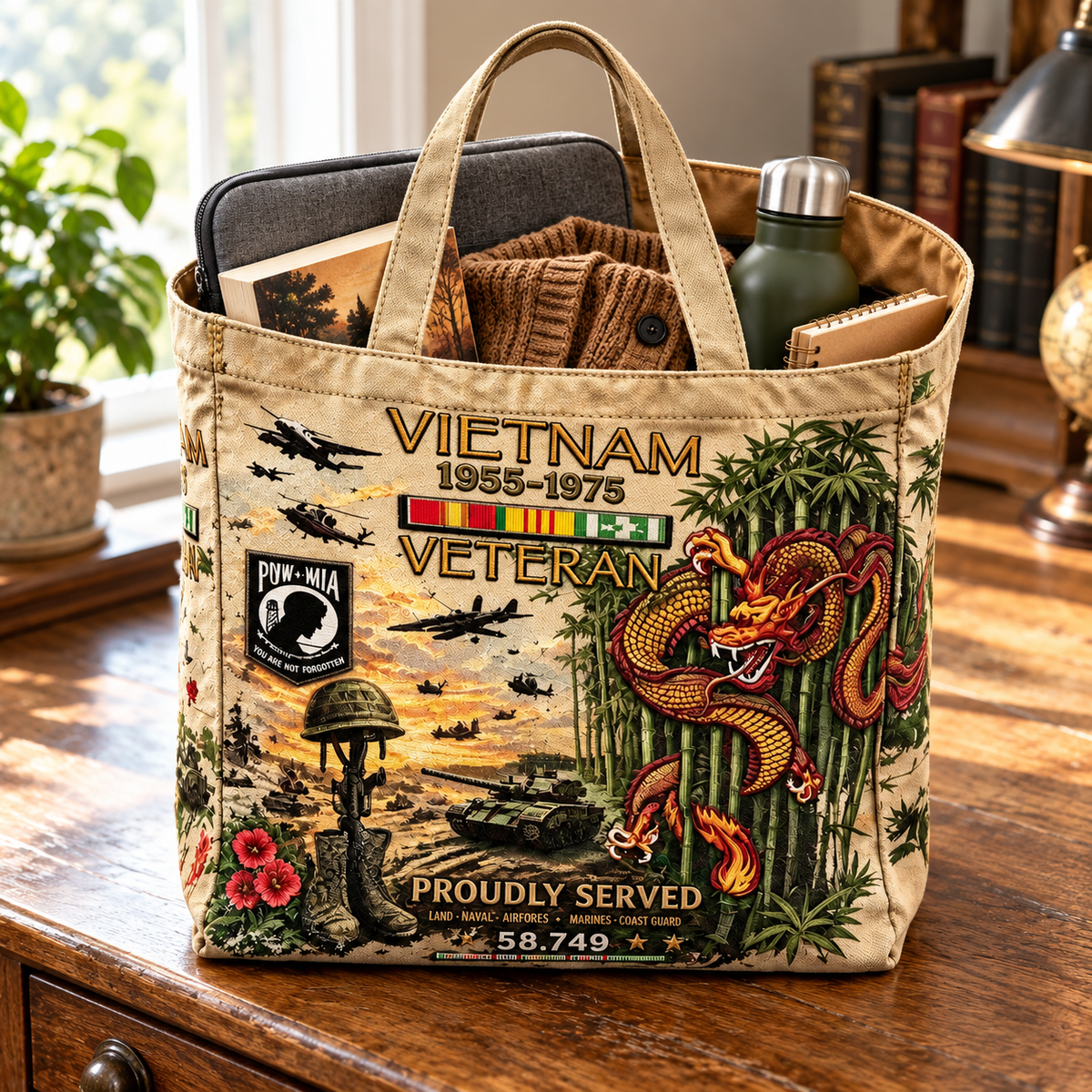 🌹🪖Vietnam Veteran Canvas Tote Bag – Embroidered Tribute Gift