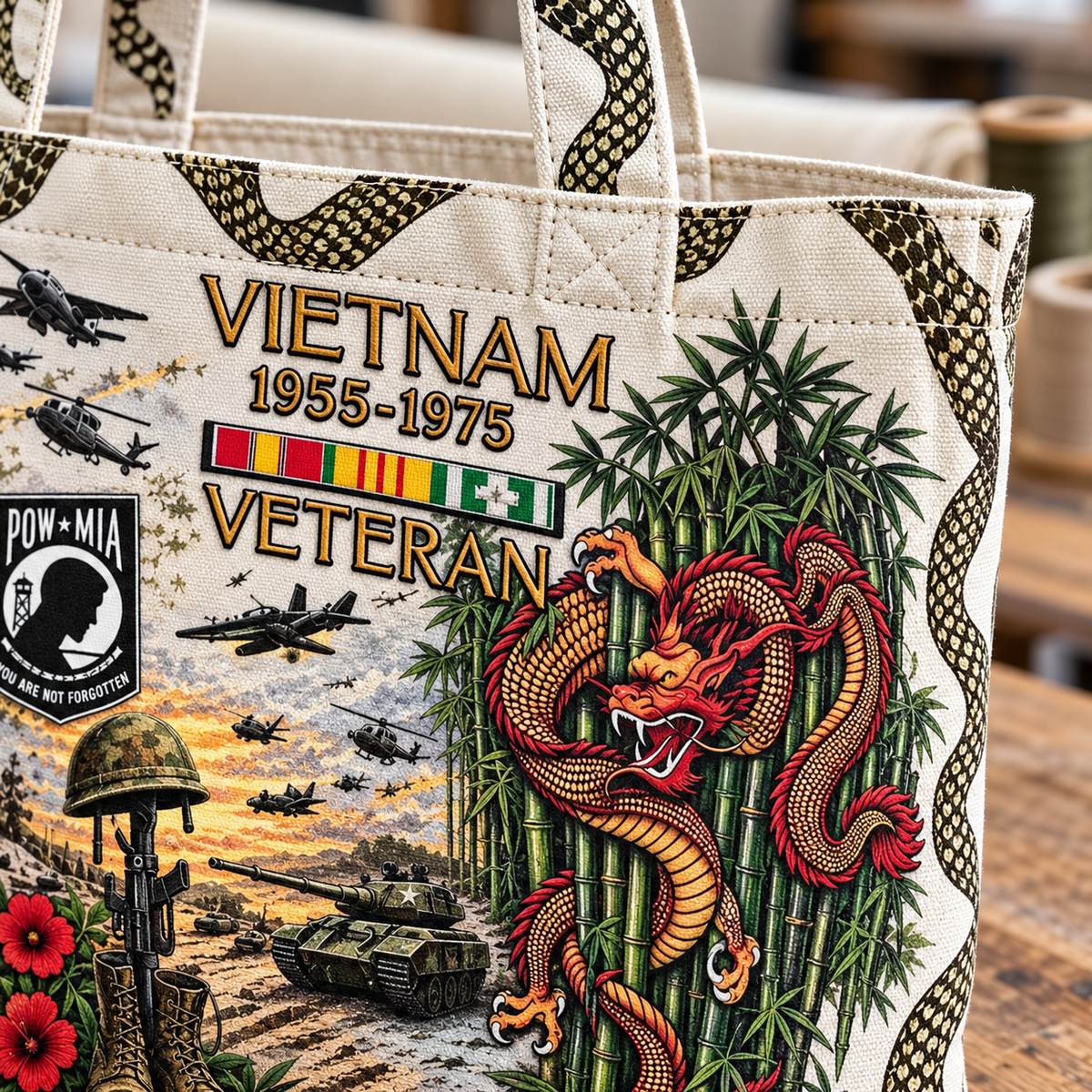 🌹🪖Vietnam Veteran Canvas Tote Bag – Embroidered Tribute Gift