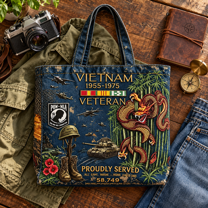 🌹🪖Vietnam Veteran Canvas Tote Bag – Embroidered Tribute Gift