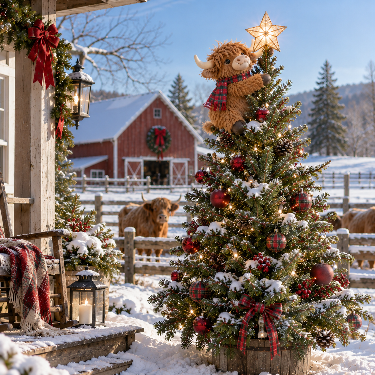 🐮⭐ Highland Cow Star Helper™ – Lighted Christmas Tree Topper with Glowing Golden Star 🎄