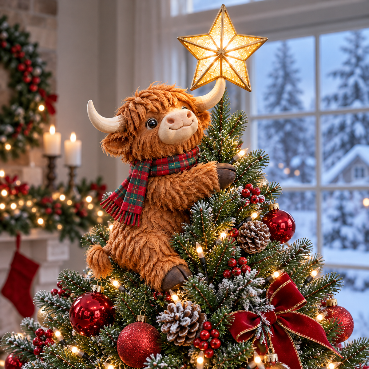 🐮⭐ Highland Cow Star Helper™ – Lighted Christmas Tree Topper with Glowing Golden Star 🎄