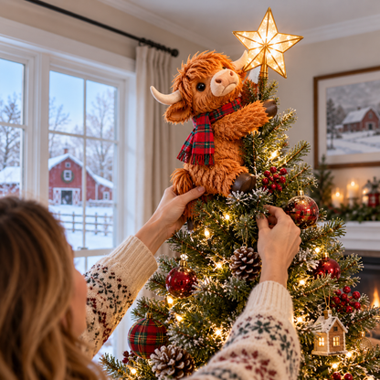 🐮⭐ Highland Cow Star Helper™ – Lighted Christmas Tree Topper with Glowing Golden Star 🎄