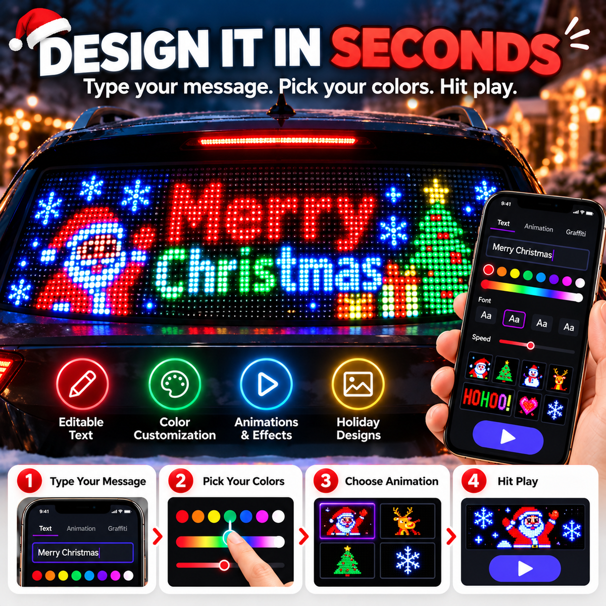 🚗🎄 Smart LED Pixel Car Display — App-Controlled Custom Text, Colors & Animations🎄