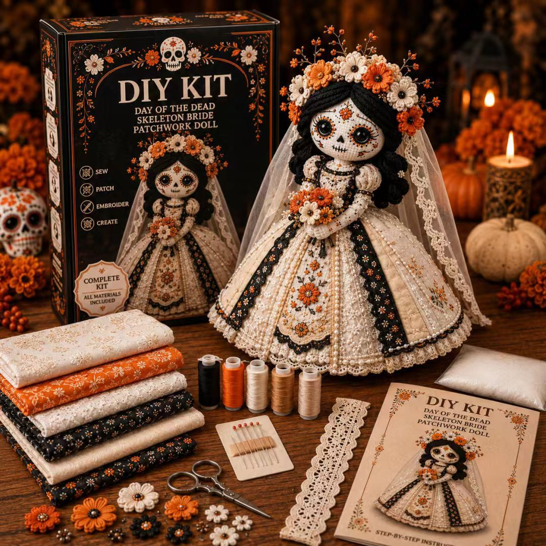 Day Of The Dead Patchwork Doll DIY Sewing Kit - Handmade Fabric Doll Craft Kit With Floral Details