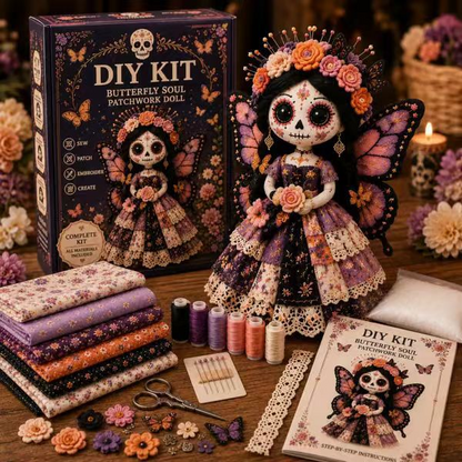 Day Of The Dead Patchwork Doll DIY Sewing Kit - Handmade Fabric Doll Craft Kit With Floral Details