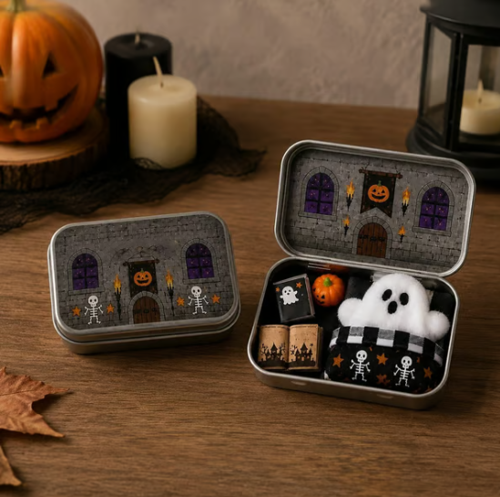 Halloween Mini Ghost Tin Box Set - Cute Spooky Halloween Travel Figurine