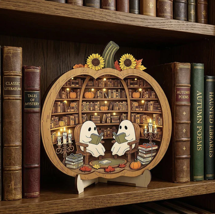 Enchanting Halloween Ghost Pumpkin Decor | Cozy Wooden Tabletop Ornament With Charming Scenes