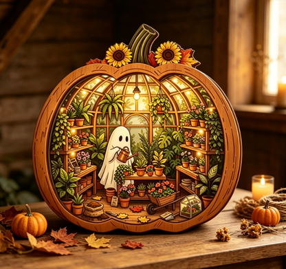Enchanting Halloween Ghost Pumpkin Decor | Cozy Wooden Tabletop Ornament With Charming Scenes