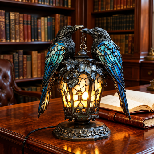 Gothic Stained-Glass Raven Lantern