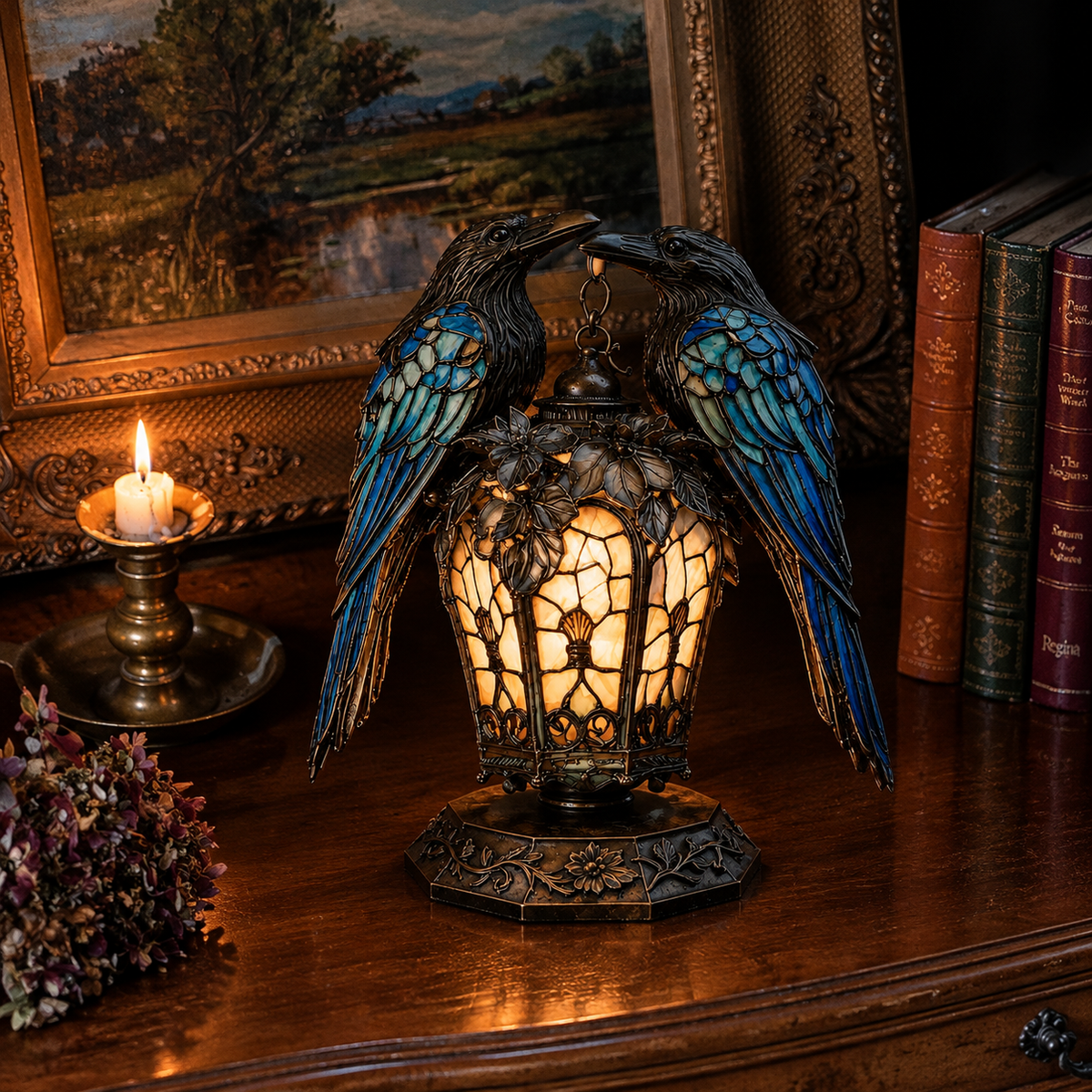 Gothic Stained-Glass Raven Lantern