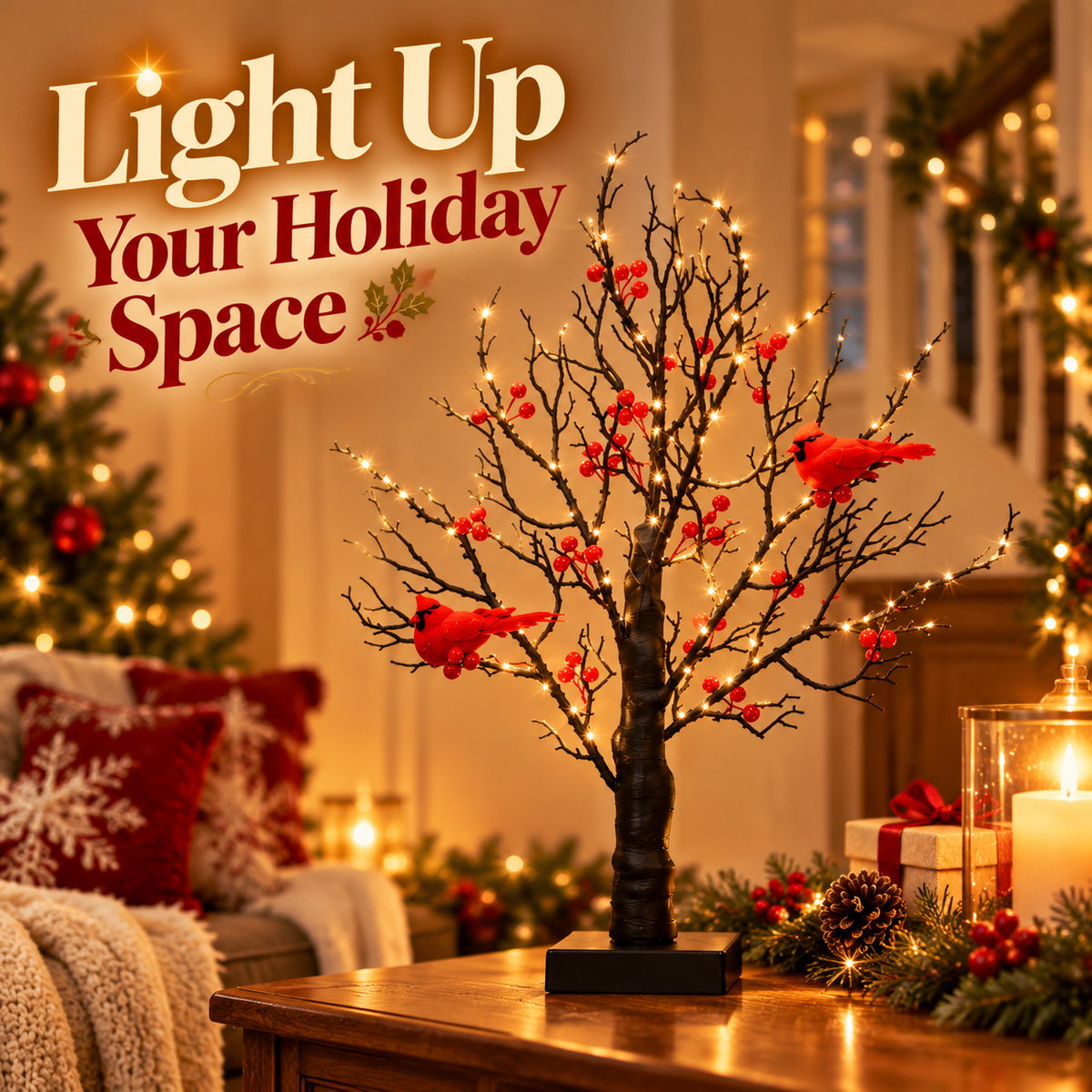 🎄 LED Cardinal Christmas Tree with Warm Lights & Red Berries