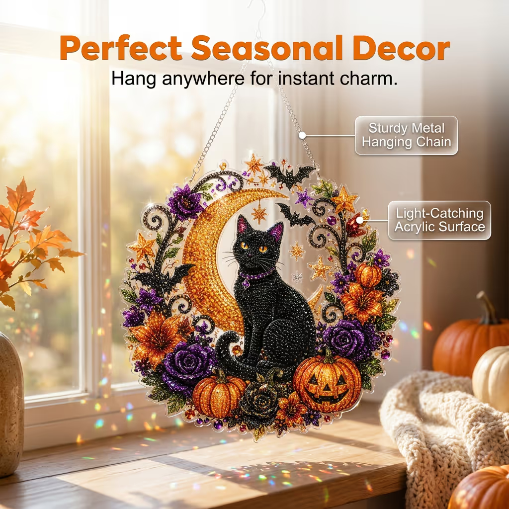 Halloween Black Cat Moon Diamond Art Hanging Ornament Kit