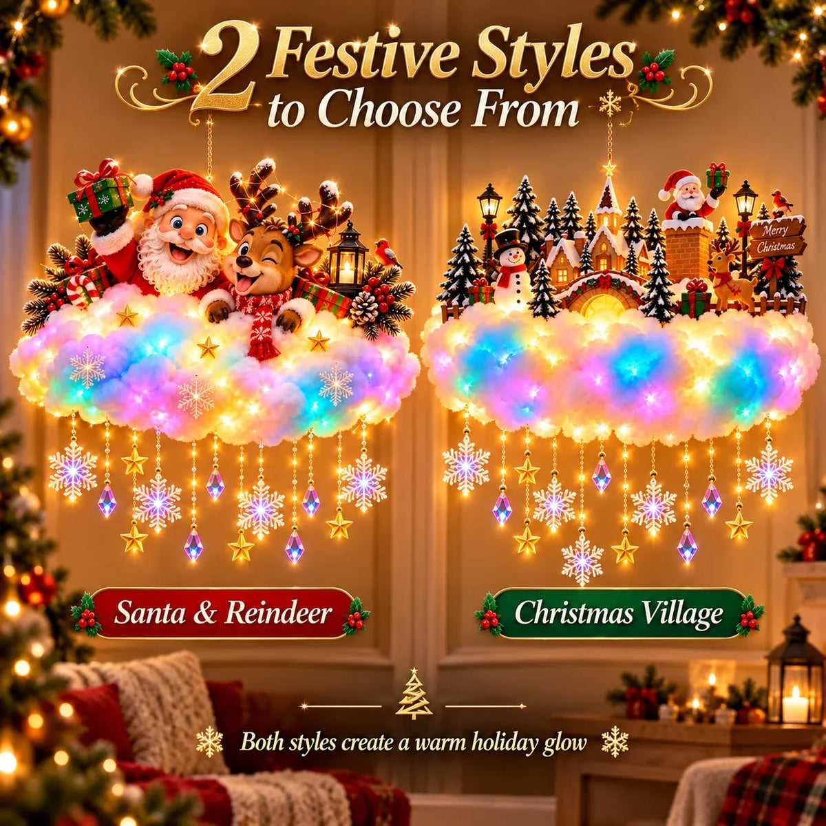 🎄 Light-Up Christmas Cloud Hanging Decor – Santa & Winter Village Holiday Display
