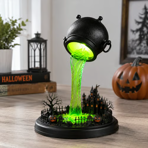 Glowing Witch Cauldron Desk Lamp | Spilling Green Magic Light With Haunted Castle, Pumpkins & Gothic Halloween Vibes