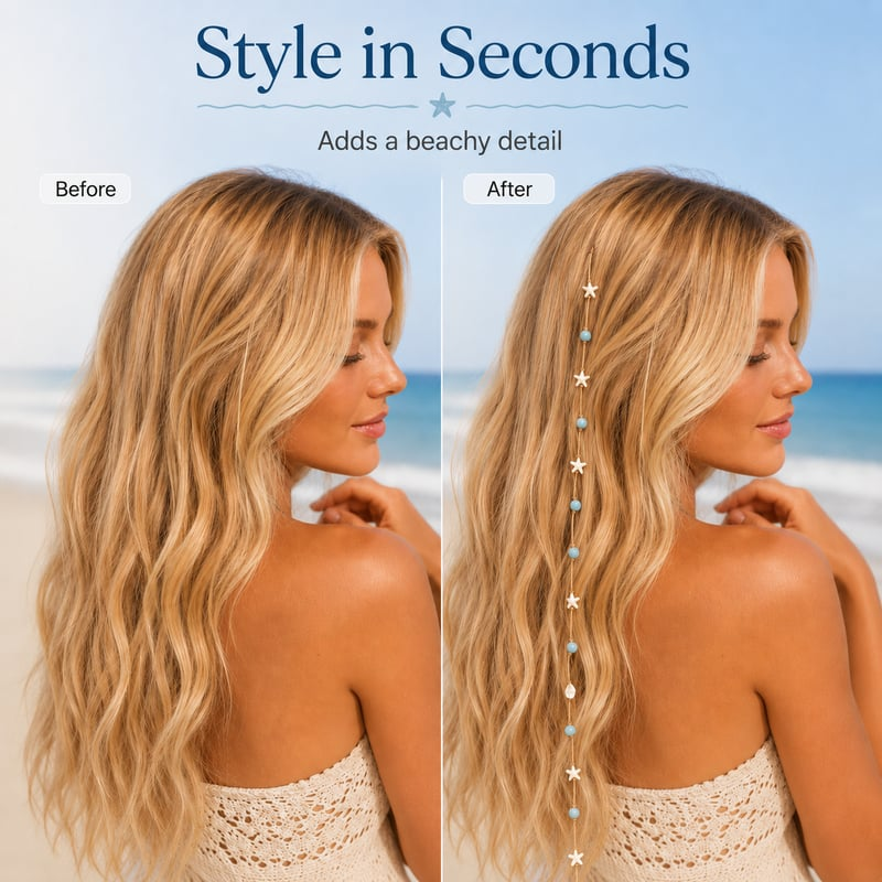 Mermaid Beach Hidden Clip Hair Accent – Ocean Starfish Shell Hair Strand For Summer Vacation
