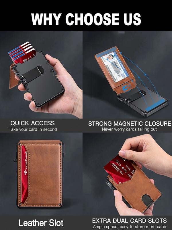 Premium Aluminum RFID Blocking Minimalist Wallet For Men — Pop-Up Card Access, Money Clip & ID Window
