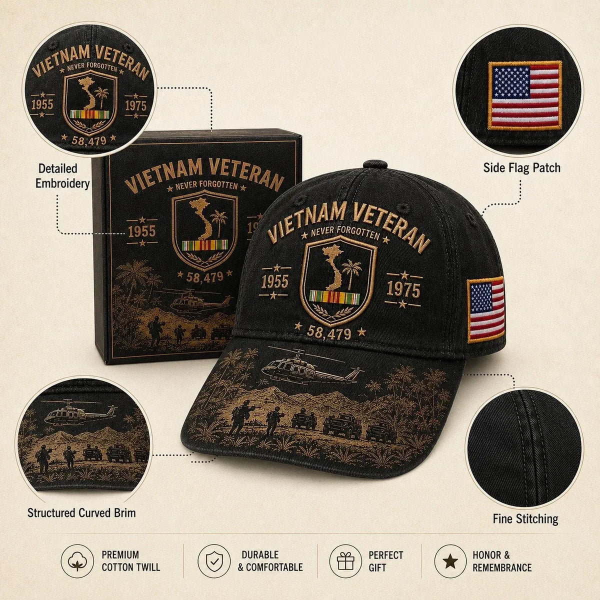⭐️Vietnam Veteran Never Forgotten 1955–1975 Commemorative Cap 🇺🇸