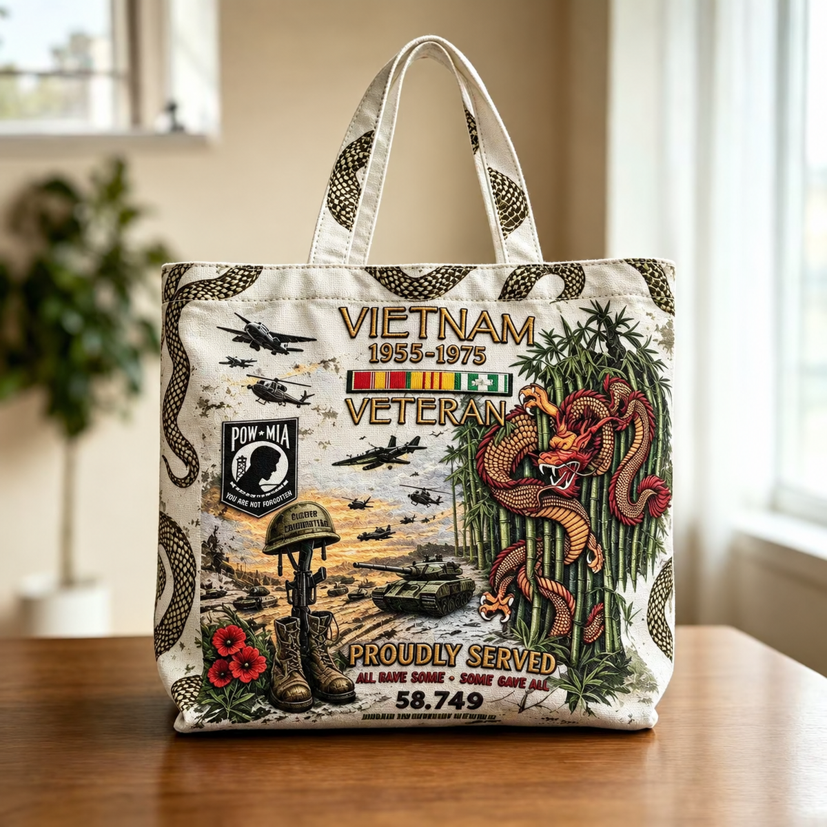 🌹🪖Vietnam Veteran Canvas Tote Bag – Embroidered Tribute Gift