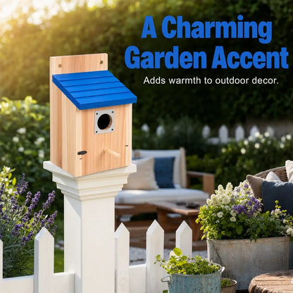 Wooden Birdhouse with Blue Roof for Garden Display — view 2
