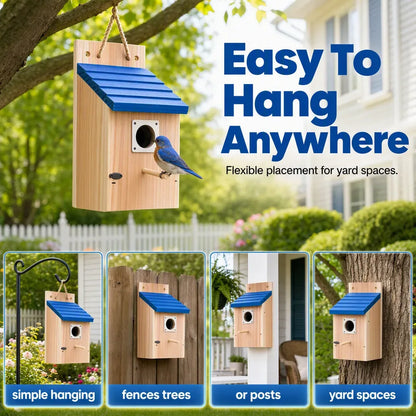 Wooden Birdhouse with Blue Roof for Garden Display — view 4