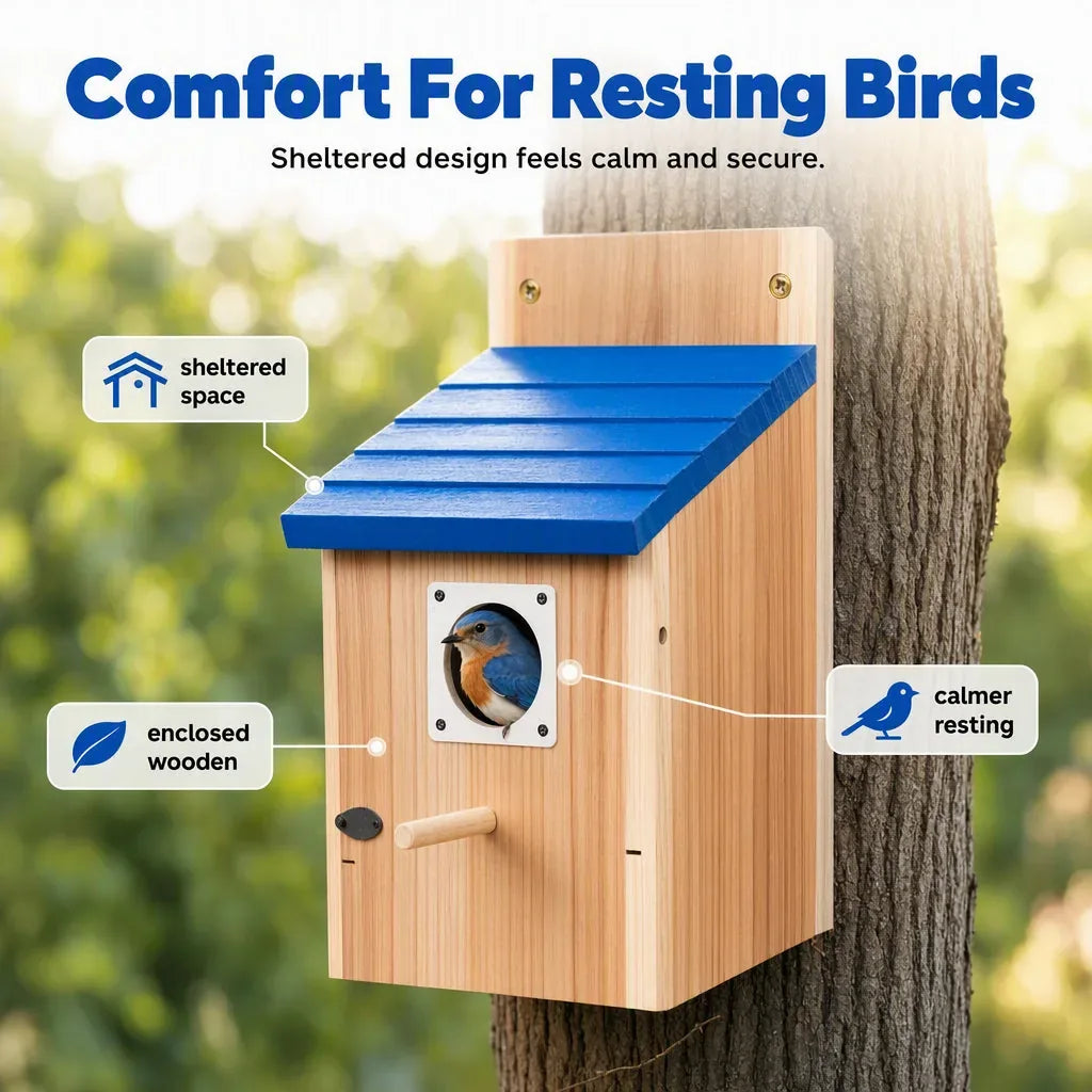 Wooden Birdhouse with Blue Roof for Garden Display — view 7